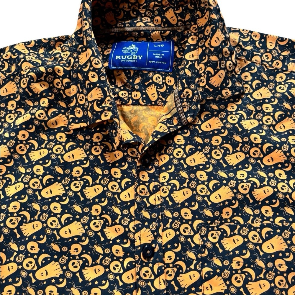 Rugby University Allover Printed SS Shirt L Halloween David S Pumpkins Button Up